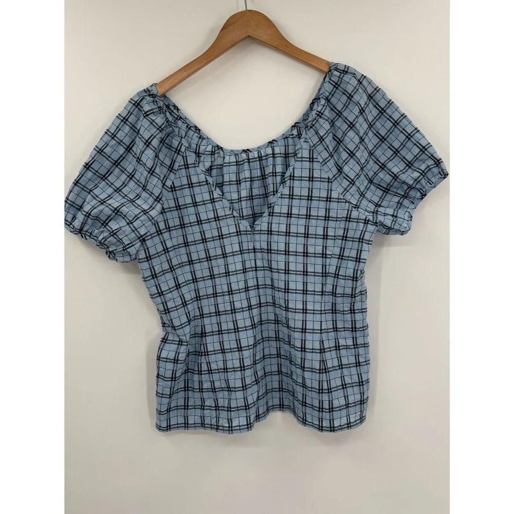 J.Crew V-Back Puff Sleeve Textured Plaid Top  | Light Blue / Navy | Size 6